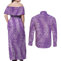 Hawaii Plumeria Lei Couples Matching Off Shoulder Maxi Dress and Long Sleeve Button Shirt Aloha Festive Vibe - Violet