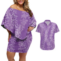 Hawaii Plumeria Lei Couples Matching Off Shoulder Short Dress and Hawaiian Shirt Aloha Festive Vibe - Violet