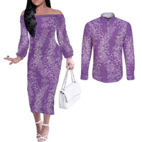 Hawaii Plumeria Lei Couples Matching Off The Shoulder Long Sleeve Dress and Long Sleeve Button Shirt Aloha Festive Vibe - Violet