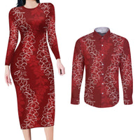 Hawaii Plumeria Lei Couples Matching Long Sleeve Bodycon Dress and Long Sleeve Button Shirt Aloha Festive Vibe - Crimson