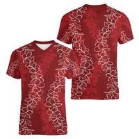 Hawaii Plumeria Lei Women V-Neck T-Shirt Aloha Festive Vibe - Crimson LT7 - Polynesian Pride