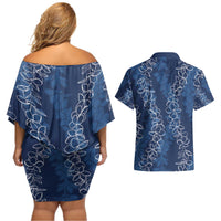 Hawaii Plumeria Lei Couples Matching Off Shoulder Short Dress and Hawaiian Shirt Aloha Festive Vibe - Navy Blue