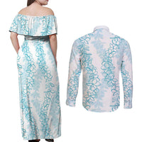 Hawaii Plumeria Lei Couples Matching Off Shoulder Maxi Dress and Long Sleeve Button Shirt Aloha Festive Vibe - Turquoise