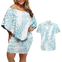 Hawaii Plumeria Lei Couples Matching Off Shoulder Short Dress and Hawaiian Shirt Aloha Festive Vibe - Turquoise
