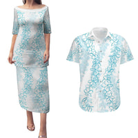 Hawaii Plumeria Lei Couples Matching Puletasi and Hawaiian Shirt Aloha Festive Vibe - Turquoise