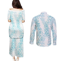Hawaii Plumeria Lei Couples Matching Puletasi and Long Sleeve Button Shirt Aloha Festive Vibe - Turquoise