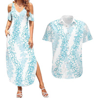 Hawaii Plumeria Lei Couples Matching Summer Maxi Dress and Hawaiian Shirt Aloha Festive Vibe - Turquoise