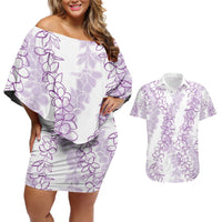 Hawaii Plumeria Lei Couples Matching Off Shoulder Short Dress and Hawaiian Shirt Aloha Festive Vibe - Amethyst
