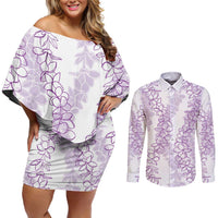 Hawaii Plumeria Lei Couples Matching Off Shoulder Short Dress and Long Sleeve Button Shirt Aloha Festive Vibe - Amethyst