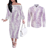 Hawaii Plumeria Lei Couples Matching Off The Shoulder Long Sleeve Dress and Long Sleeve Button Shirt Aloha Festive Vibe - Amethyst