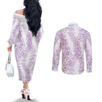 Hawaii Plumeria Lei Couples Matching Off The Shoulder Long Sleeve Dress and Long Sleeve Button Shirt Aloha Festive Vibe - Amethyst