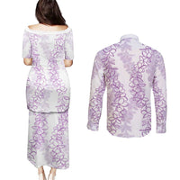 Hawaii Plumeria Lei Couples Matching Puletasi and Long Sleeve Button Shirt Aloha Festive Vibe - Amethyst
