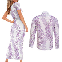 Hawaii Plumeria Lei Couples Matching Short Sleeve Bodycon Dress and Long Sleeve Button Shirt Aloha Festive Vibe - Amethyst