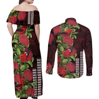 Hawaii Mele Kalikimaka Kakau Couples Matching Off Shoulder Maxi Dress and Long Sleeve Button Shirt I'iwi Bird on Ohia Lehua