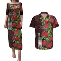 Hawaii Mele Kalikimaka Kakau Couples Matching Puletasi and Hawaiian Shirt I'iwi Bird on Ohia Lehua