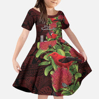 Hawaii Mele Kalikimaka Kakau Kid Short Sleeve Dress I'iwi Bird on Ohia Lehua