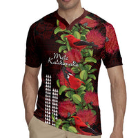 Hawaii Mele Kalikimaka Kakau Rugby Jersey I'iwi Bird on Ohia Lehua