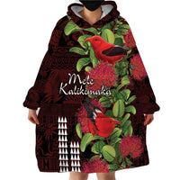 Hawaii Mele Kalikimaka Kakau Wearable Blanket Hoodie I'iwi Bird on Ohia Lehua