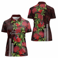 Hawaii Mele Kalikimaka Kakau Women Polo Shirt I'iwi Bird on Ohia Lehua