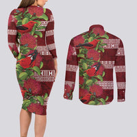 Hawaii Christmas Mele Kalikimaka Couples Matching Long Sleeve Bodycon Dress and Long Sleeve Button Shirt I'iwi Bird on Ohia Lehua