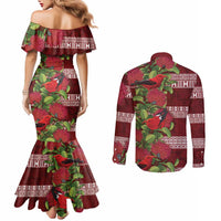 Hawaii Christmas Mele Kalikimaka Couples Matching Mermaid Dress and Long Sleeve Button Shirt I'iwi Bird on Ohia Lehua
