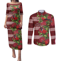 Hawaii Christmas Mele Kalikimaka Couples Matching Puletasi and Long Sleeve Button Shirt I'iwi Bird on Ohia Lehua