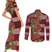 Hawaii Christmas Mele Kalikimaka Couples Matching Short Sleeve Bodycon Dress and Long Sleeve Button Shirt I'iwi Bird on Ohia Lehua