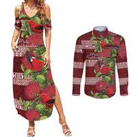 Hawaii Christmas Mele Kalikimaka Couples Matching Summer Maxi Dress and Long Sleeve Button Shirt I'iwi Bird on Ohia Lehua