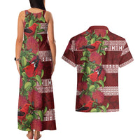 Hawaii Christmas Mele Kalikimaka Couples Matching Tank Maxi Dress and Hawaiian Shirt I'iwi Bird on Ohia Lehua