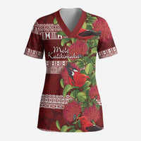 Hawaii Christmas Mele Kalikimaka Scrub Top I'iwi Bird on Ohia Lehua - Polynesian Pride