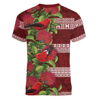Hawaii Christmas Mele Kalikimaka Women V-Neck T-Shirt I'iwi Bird on Ohia Lehua