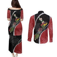 New Zealand Christmas Couples Matching Puletasi and Long Sleeve Button Shirt Flora Map with Birds - Polynesian Pride