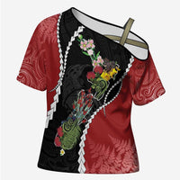 New Zealand Christmas Cross Shoulder Shirt Flora Map with Birds - Polynesian Pride