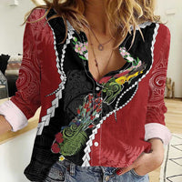 New Zealand Christmas Women Casual Shirt Flora Map with Birds - Polynesian Pride