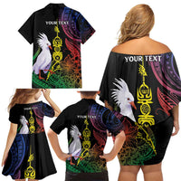 New Caledonia Kanaky Personalized Family Matching Off Shoulder Short Dress and Hawaiian Shirt Fleche Faitiere Mix Kagu