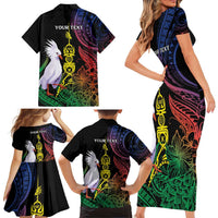New Caledonia Kanaky Personalized Family Matching Short Sleeve Bodycon Dress and Hawaiian Shirt Fleche Faitiere Mix Kagu LT7 - Polynesian Pride