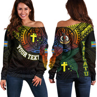 Personalised Vanuatu Off Shoulder Sweater Turtle Chest Tattoo Flag Color - Tafea LT7 Women Black - Polynesian Pride