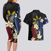 Personalized Philippines Tribal Couples Matching Long Sleeve Bodycon Dress and Hawaiian Shirt Tropical Waves - Plumeria LT7 - Polynesian Pride