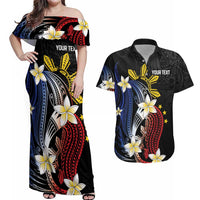 Personalized Philippines Tribal Couples Matching Off Shoulder Maxi Dress and Hawaiian Shirt Tropical Waves - Plumeria LT7 Black - Polynesian Pride