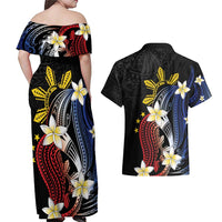 Personalized Philippines Tribal Couples Matching Off Shoulder Maxi Dress and Hawaiian Shirt Tropical Waves - Plumeria LT7 - Polynesian Pride