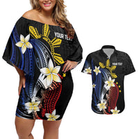 Personalized Philippines Tribal Couples Matching Off Shoulder Short Dress and Hawaiian Shirt Tropical Waves - Plumeria LT7 Black - Polynesian Pride