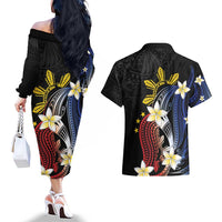 Personalized Philippines Tribal Couples Matching Off The Shoulder Long Sleeve Dress and Hawaiian Shirt Tropical Waves - Plumeria LT7 - Polynesian Pride