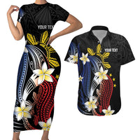 Personalized Philippines Tribal Couples Matching Short Sleeve Bodycon Dress and Hawaiian Shirt Tropical Waves - Plumeria LT7 Black - Polynesian Pride