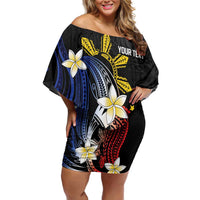 Personalized Philippines Tribal Off Shoulder Short Dress Tropical Waves - Plumeria LT7 Women Black - Polynesian Pride