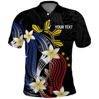 Personalized Philippines Tribal Polo Shirt Tropical Waves - Plumeria LT7 Black - Polynesian Pride