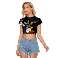 Personalized Philippines Tribal Raglan Cropped T Shirt Tropical Waves - Plumeria LT7 Female Black - Polynesian Pride
