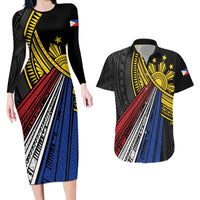 Philippines Sun Couples Matching Long Sleeve Bodycon Dress and Hawaiian Shirt Pasifika Tribal Style LT7 Black - Polynesian Pride