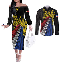 Philippines Sun Couples Matching Off The Shoulder Long Sleeve Dress and Long Sleeve Button Shirt Pasifika Tribal Style LT7 Black - Polynesian Pride