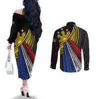 Philippines Sun Couples Matching Off The Shoulder Long Sleeve Dress and Long Sleeve Button Shirt Pasifika Tribal Style LT7 - Polynesian Pride