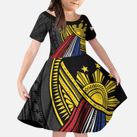 Philippines Sun Family Matching Puletasi and Hawaiian Shirt Pasifika Tribal Style LT7 Daughter's Dress Black - Polynesian Pride